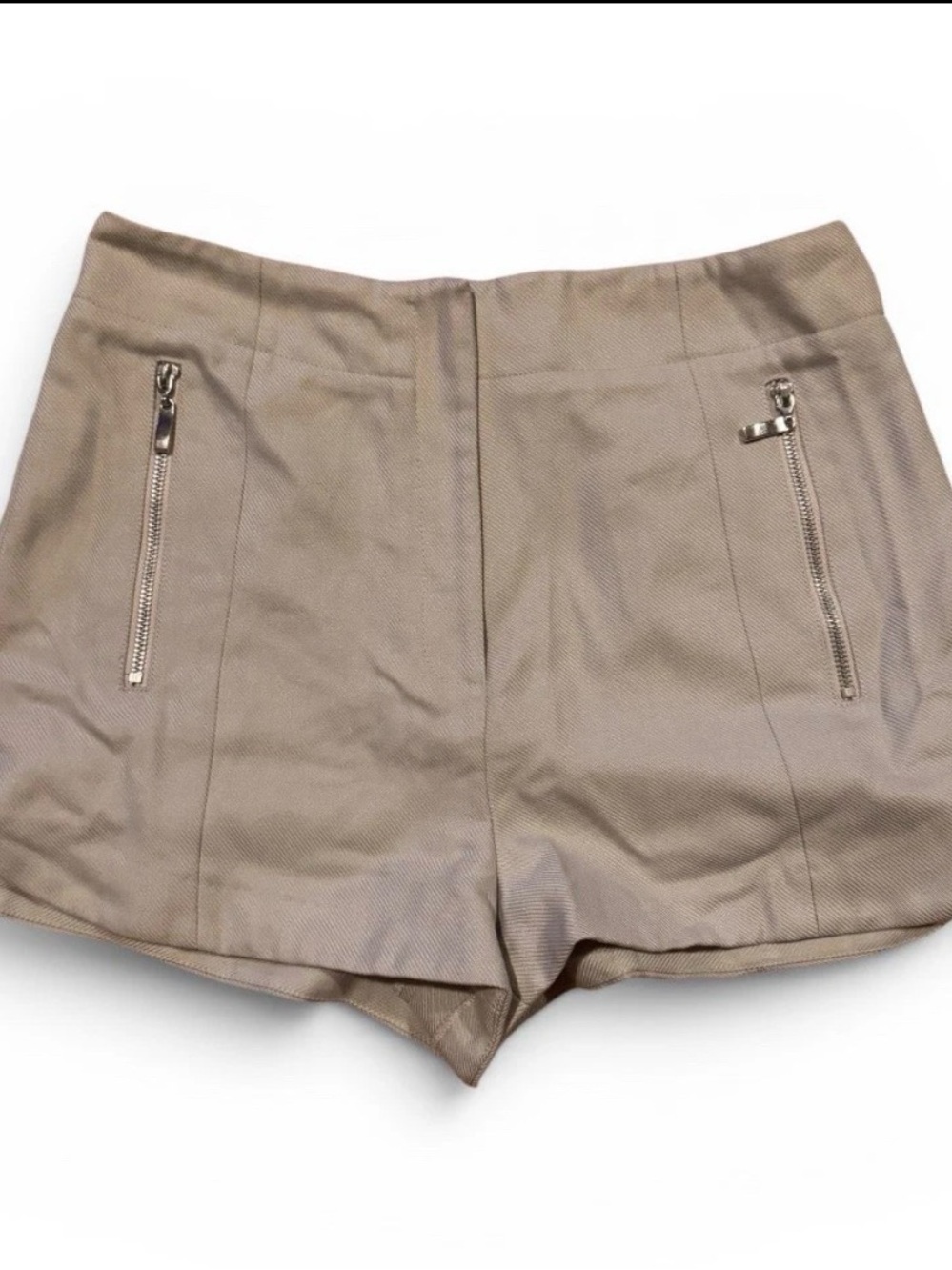 Topshop Beige Twill High Rise Chino Shorts Zip Closure Zip Pockets Size 10